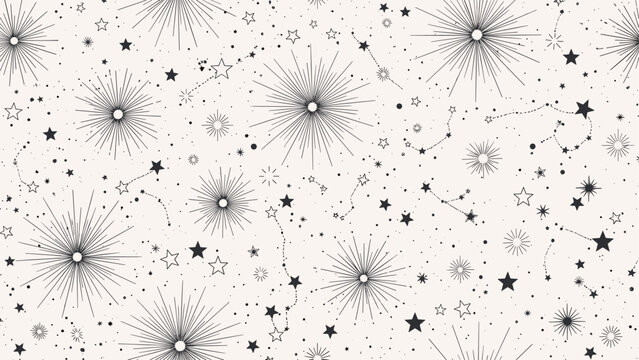 Stunning seamless pattern of intricate stars, celestial bursts, and constellations in black ink on a soft off-white background.