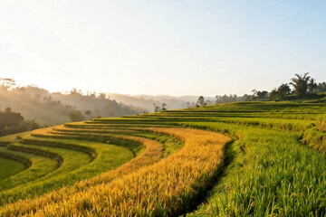 Terraced Rice Fields at Sunrise with Misty Hills and Golden Crops by generative AI technology