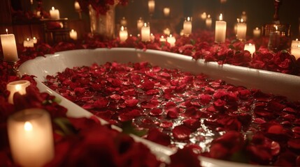 A bathtub filled with red rose petals and floating candles, romantic and luxurious setting, 8k, realistic, full ultra HD, high resolution, cinematic photography
