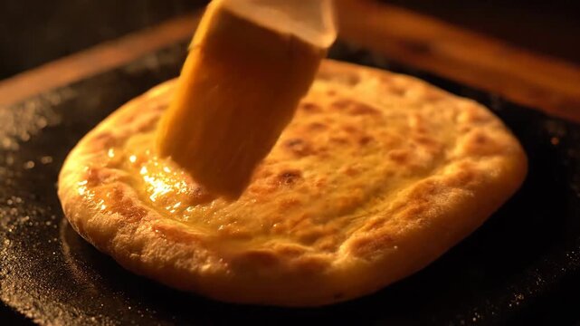 Brushing Melted Butter Ghee onto Indian Kulcha Flatbread Cooking