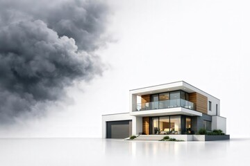 Modern house stands defiant against the ominous storm clouds gathering in the sky above.