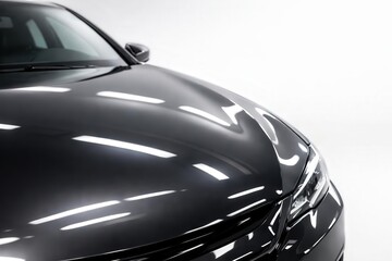 Fototapeta premium A close-up of a sleek, modern car with glossy black paint, reflecting light beautifully.