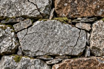 Weathered Stone Wall with Moss and Natural Texture by generative AI technology