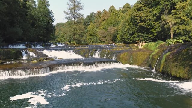 Aerial view of Krka River cascades and waterfall near Žužemberk