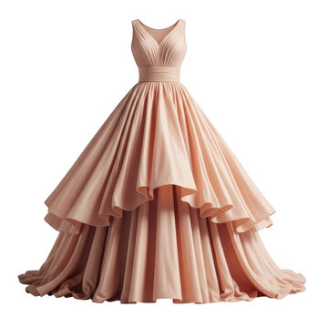 Elegant blush pink ball gown with layered skirt and beaded bodice isolated on transparent background