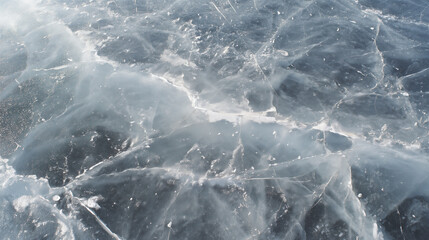 The water is frozen and has a lot of ice. The ice is spread out and has a lot of small pieces