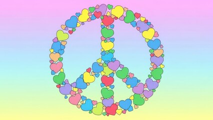 A colorful peace sign made up of hearts on a gradient background.