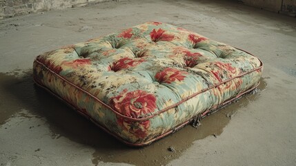 Fototapeta premium A waterlogged upholstered cushion with a faded floral pattern rests on a wet concrete floor