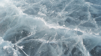 The water is frozen and has a lot of ice. The ice is spread out and has a lot of small pieces