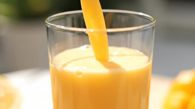 Pouring Fresh Mango Shake or Smoothie into Glass