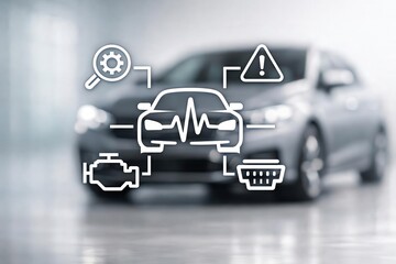 Depicts a futuristic automotive diagnostic interface overlayed on a blurred modern car image.