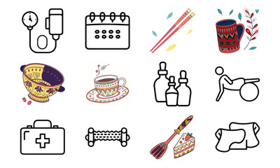 Versatile Lifestyle Icon Set Featuring Fitness Dumbbells, Blood Pressure Monitor, Calendar, Kitchen Utensils, Electric Kettle, First Aid Kit, and Decorative Tableware Collage