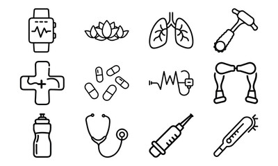 Versatile Lifestyle Icon Set Featuring Fitness Dumbbells, Blood Pressure Monitor, Calendar, Kitchen Utensils, Electric Kettle, First Aid Kit, and Decorative Tableware Collage