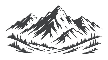 A rugged and majestic mountain range with a dense pine forest at its base, in a striking black and white vector art style