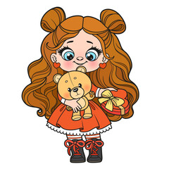 Cute cartoon girl with a soft plush bear and heart box of candies gifts on Valentines Day color variation on white background