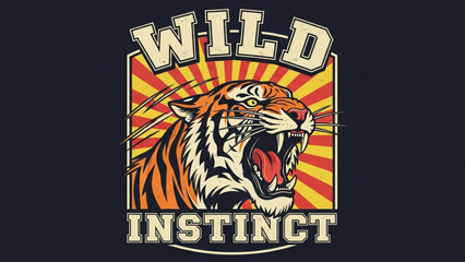 Vibrant illustration of a roaring tigers head with wild instinct text on a colorful sunburst background design