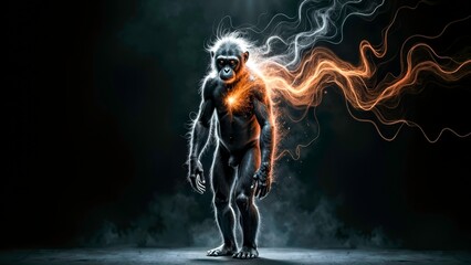 The image of a mechanical warrior surrounded by lightning