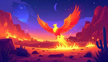 Phoenix bird is on fire in the desert - fiery bird flying and glowing orange and yellow
