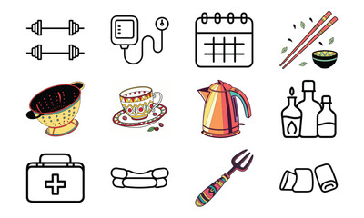 Versatile Lifestyle Icon Set Featuring Fitness Dumbbells, Blood Pressure Monitor, Calendar, Kitchen Utensils, Electric Kettle, First Aid Kit, and Decorative Tableware Collage