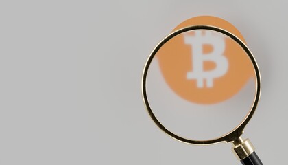 bitcoin crypto logo with magnifying glass hovering above, plain background