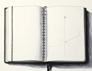 Hand-drawn minimalist illustration of an open notebook with a blank page, one small dot or line on the page, thin pencil lines, black on white, calm and symbolic