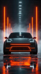Futuristic Electric Car with Neon Lights in a Foggy Tunnel Showcasing Innovation and Technology
