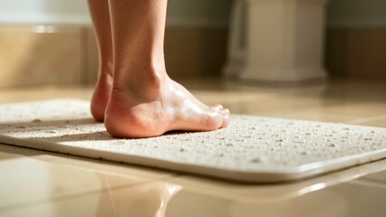 Close up of one foot on the bathroom floor mat