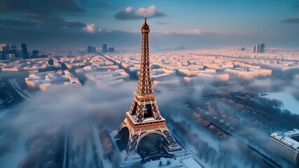 Paris, France, Europe. Aerial view of the Eiffel Tower in Paris during winter, France, with misty atmosphere and cityscape in the background. The image is a highresolution digital rendering.