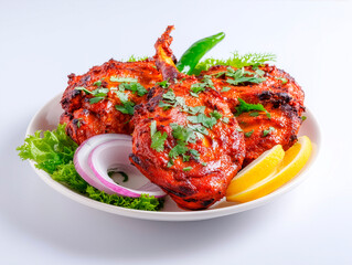 Photography of a plate with Tandoori Chaap pieces on an isolated background.