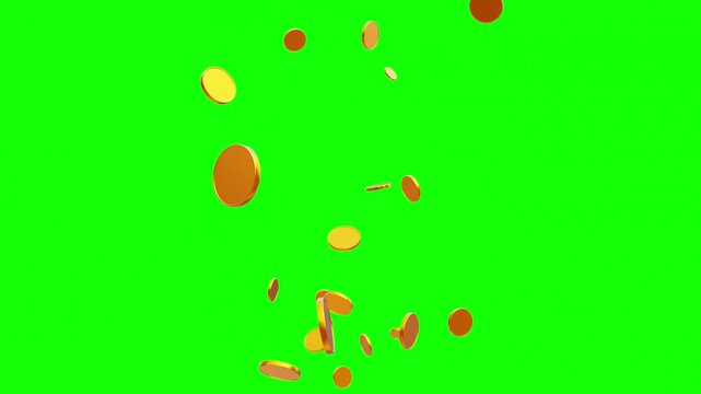 Gold Coins Exploding Isolated on Green Screen 3D. Coin Rain with Alpha Channel. Falling Coin White Background Treasure Looping Coin Pattern. Business and Currency Concept Gold Coin Spinning in the Air