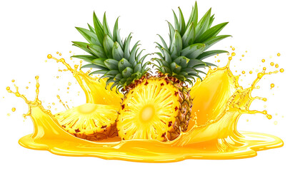 Sliced pineapple with juice splashing around, isolated on transparent background