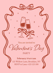 Retro Valentine's Day party invitation template with a elegant coquette style. Vintage vector design card featuring clinking glasses in a doodle style. Frame of bows and ribbons.