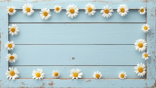 Rustic Light Blue Wooden Frame with White Daisies Bordering a Weathered Plank Background Image