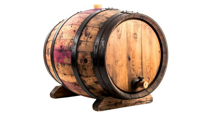 Wooden barrel with metal bands, likely for aging wine, set against a black background