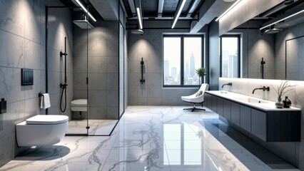Long corridor style modern bathroom space