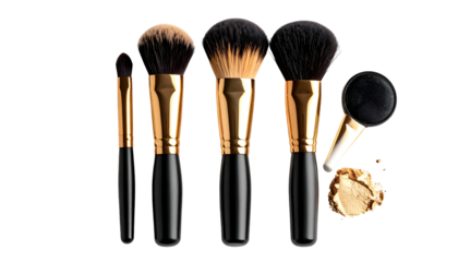 Five makeup brushes with gold accents and black handles are on a black background