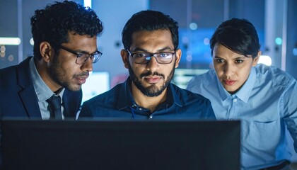 Three professional colleagues are focused in front of the computer screen. They are carefully analyzing the data. The scene suggests a serious business environment