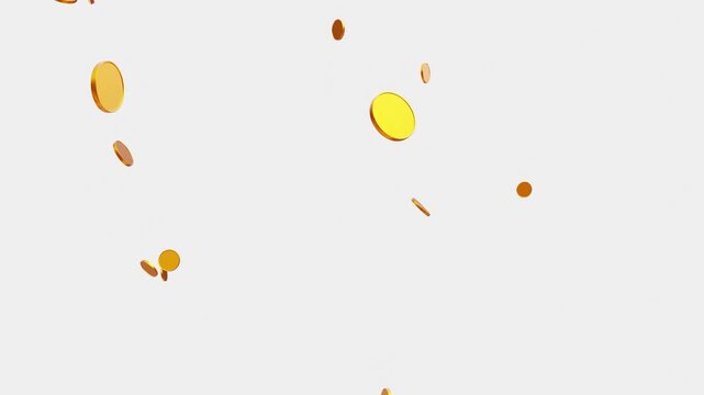 Gold Coins Exploding Isolated on Green Screen 3D. Coin Rain with Alpha Channel. Falling Coin White Background Treasure Looping Coin Pattern. Business and Currency Concept Gold Coin Spinning in the Air