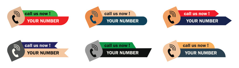 Call us now button sign and symbol vector icons. Defferent color vector illustration template. Phone with call number contact details. Vector illustration.