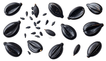 Close-up of black, shiny seeds scattered against a stark black background
