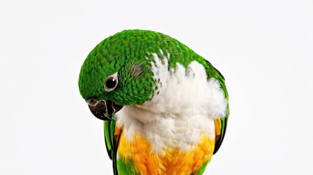 White-Bellied Parrot Portrait - A bright green and white-bellied caique parrot is isolated on a white background, looking directly at the viewer.