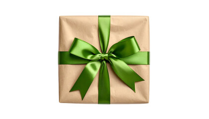 Overhead view of a square gift box wrapped in brown paper with green ribbon tied in a bow