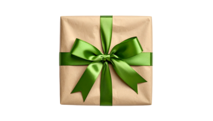 Overhead view of a square gift box wrapped in brown paper with green ribbon tied in a bow