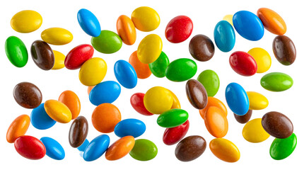 Colorful, candy-coated chocolate pieces scattered against a black background