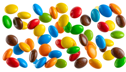 Colorful, candy-coated chocolate pieces scattered against a black background