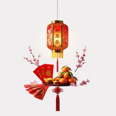 Chinese new year festive lantern with oranges and red envelopes
