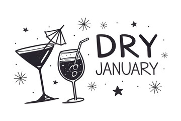   
Festive "Dry January" Graphic with Cartoon Cocktail Glasses, Sparkles, and Bold Text Promoting Alcohol-Free Month   generative ai