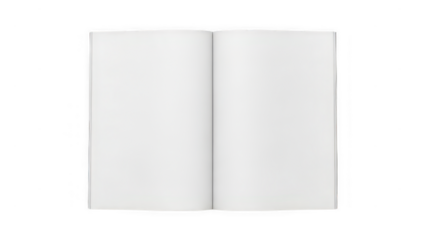 Open blank book or magazine with empty pages, top down view mockup isolated on white transparent background