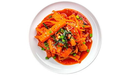 Overhead shot of Korean stir-fried dish in red sauce on white plate, with garnish
