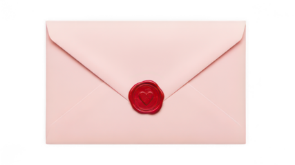 Pink Envelope Sealed with Red Heart Wax Stamp isolated on white transparent background